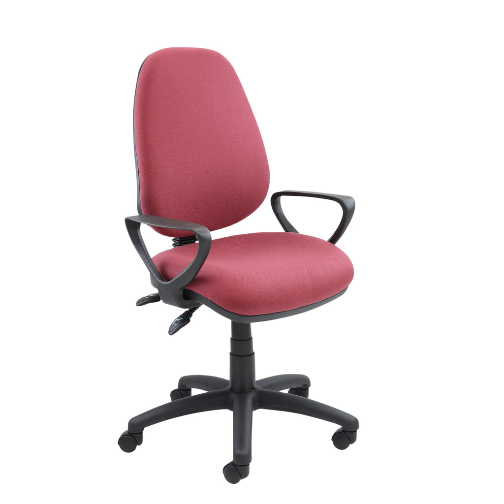Red office chair with black armrests and base on a white background