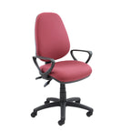 Red office chair with black armrests and base on a white background