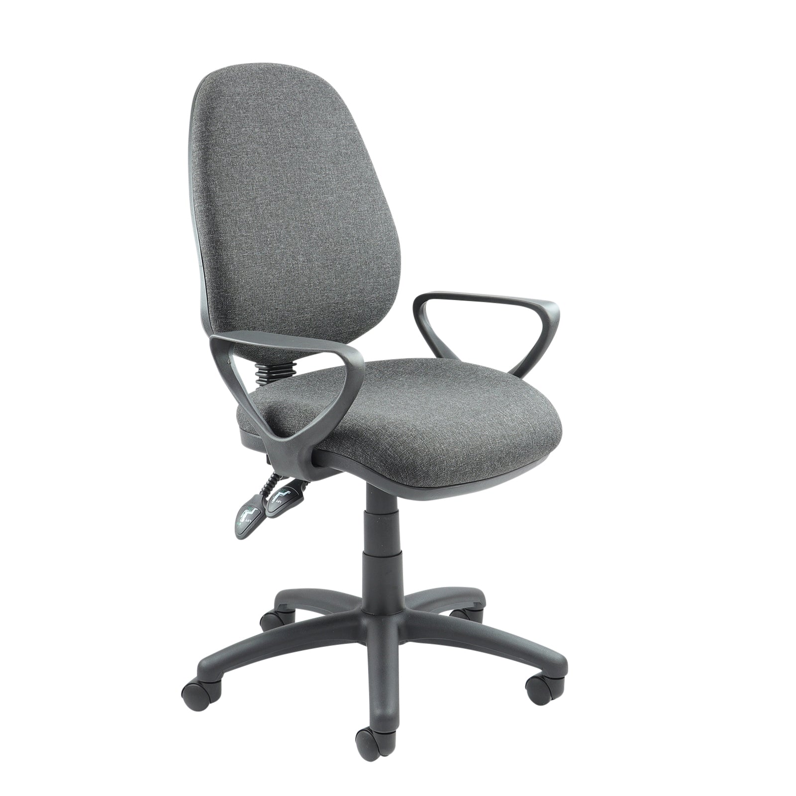 Gray office chair with armrests on a white background