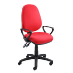 Red office chair with black arms and base on a white background