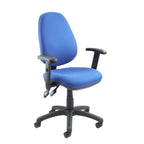 Blue office chair with black armrests and base on a white background