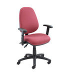 Red office chair with black arms and base on a white background