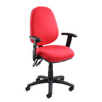 Red office chair with black arms and base on a white background