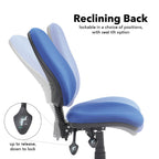 Office chair with a blue fabric seat and backrest, illustrating a reclining back mechanism with lockable positions and seat tilt adjustment.