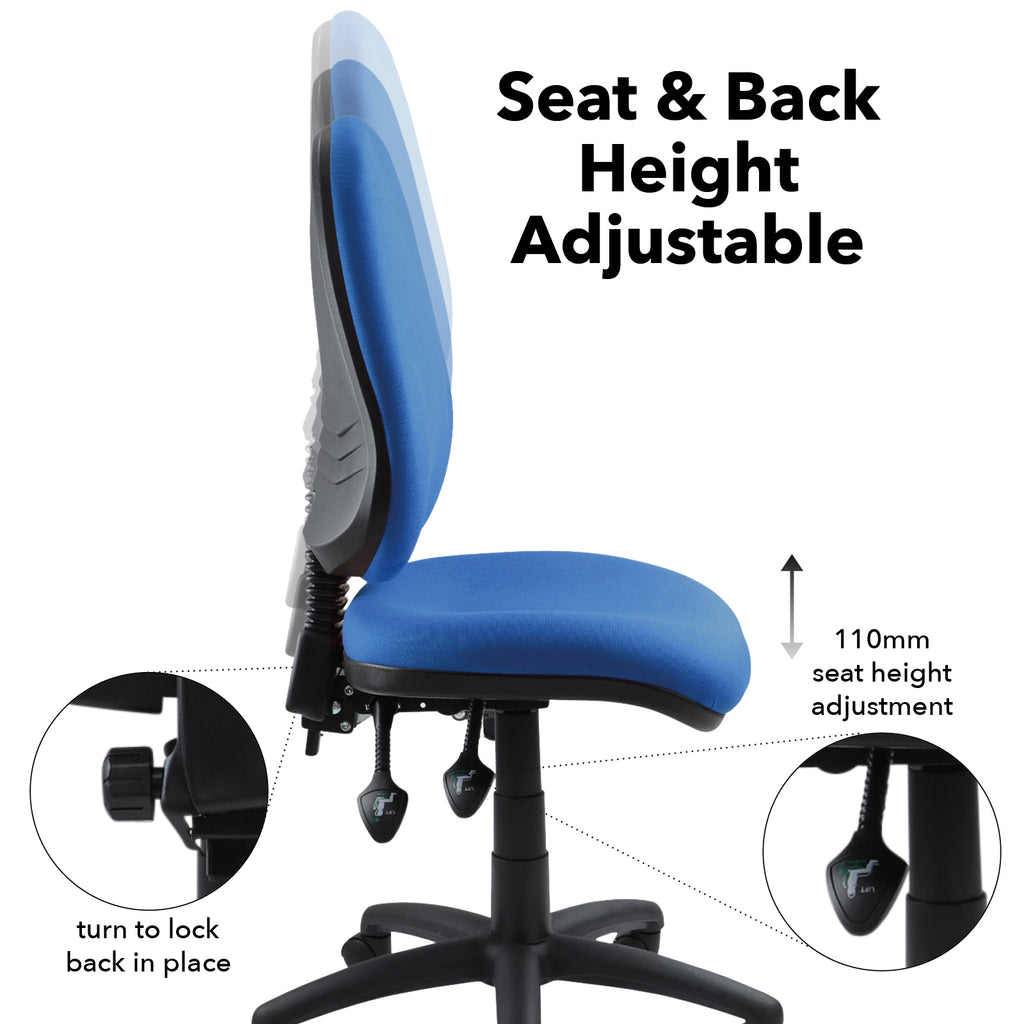 Blue office chair showing adjustable seat and back height with up to 110 mm seat height adjustment, illustrated with control levers and locking mechanism.