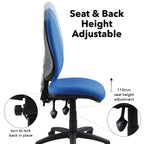 Blue office chair showing adjustable seat and back height with up to 110 mm seat height adjustment, illustrated with control levers and locking mechanism.