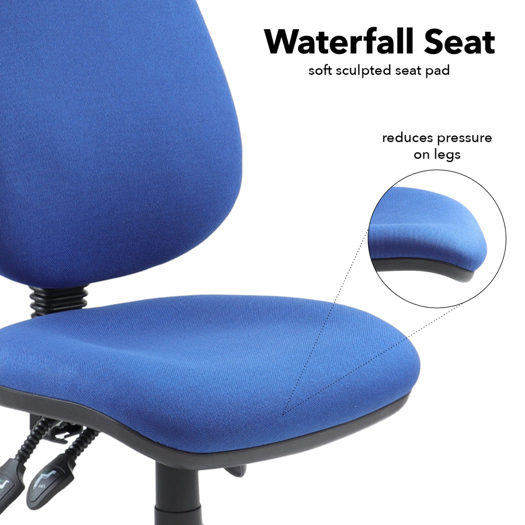 Close-up of a blue office chair showing a waterfall seat with soft sculpted padding, designed to reduce pressure on the legs.