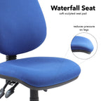 Close-up of a blue office chair showing a waterfall seat with soft sculpted padding, designed to reduce pressure on the legs.