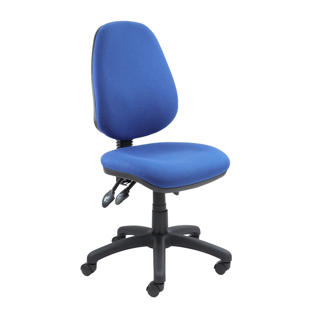 Blue fabric office task chair without armrests, featuring a padded seat and backrest and a five-star wheeled base, shown on a white background.
