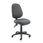 Grey fabric office task chair without armrests, featuring a padded seat and backrest and a five-star wheeled base, shown on a white background.
