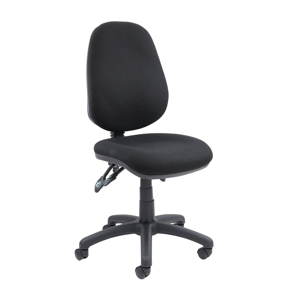Black fabric office task chair without armrests, featuring a padded seat and backrest and a five-star wheeled base, shown on a white background.