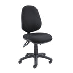 Black fabric office task chair without armrests, featuring a padded seat and backrest and a five-star wheeled base, shown on a white background.
