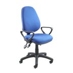 Blue fabric office task chair with curved armrests, padded seat and backrest, and a five-star wheeled base, shown on a white background.