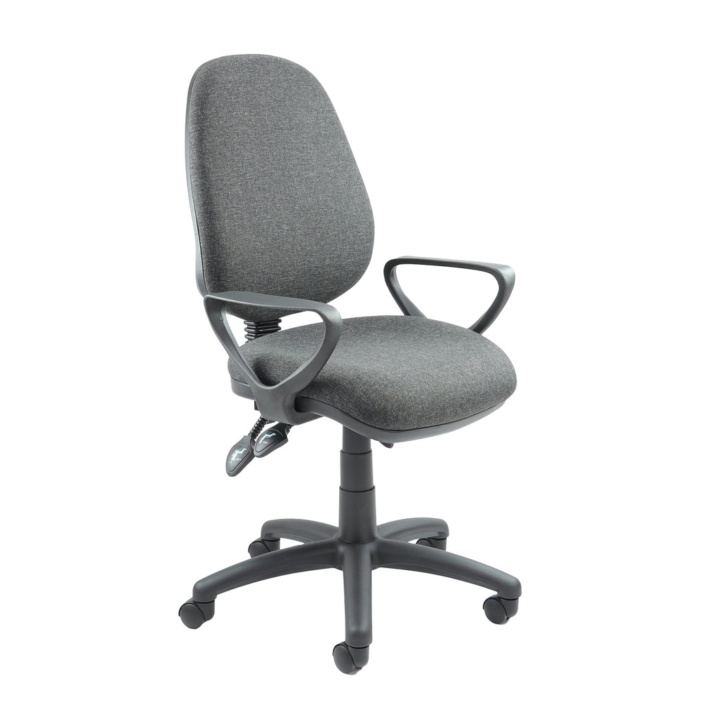 Grey fabric office task chair with curved armrests, padded seat and backrest, and a five-star wheeled base, shown on a white background.