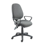 Grey fabric office task chair with curved armrests, padded seat and backrest, and a five-star wheeled base, shown on a white background.