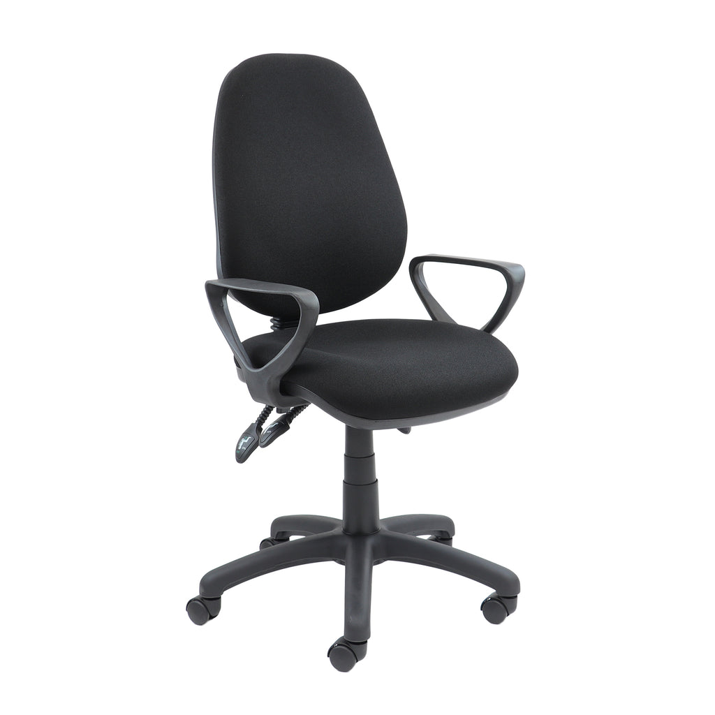 Black fabric office task chair with curved armrests, padded seat and backrest, and a five-star wheeled base, shown on a white background.