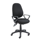 Black fabric office task chair with curved armrests, padded seat and backrest, and a five-star wheeled base, shown on a white background.