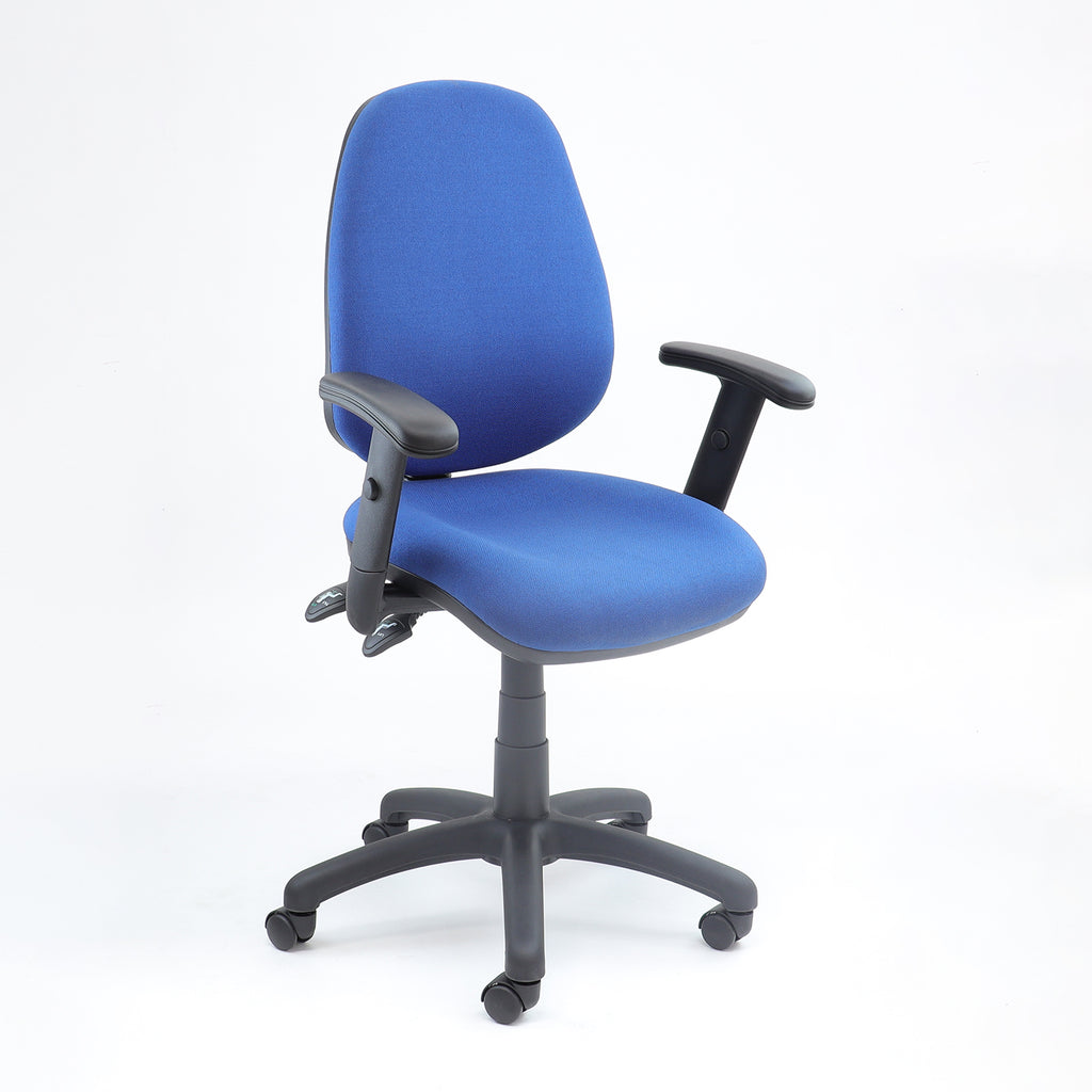 Blue fabric office task chair with adjustable armrests, padded seat and backrest, and a five-star wheeled base, shown on a white background.