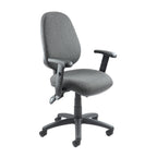 Grey fabric office task chair with adjustable armrests, padded seat and backrest, and a five-star wheeled base, shown on a white background.