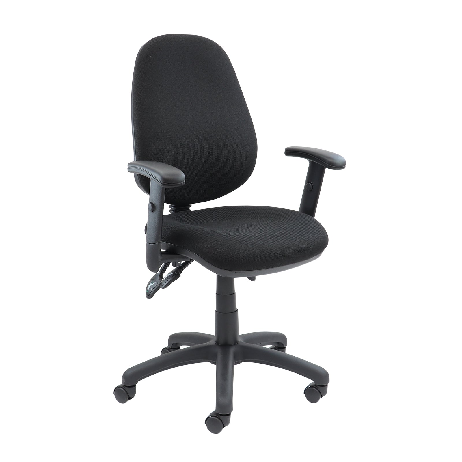 Black fabric office task chair with adjustable armrests, padded seat and backrest, and a five-star wheeled base, shown on a white background.