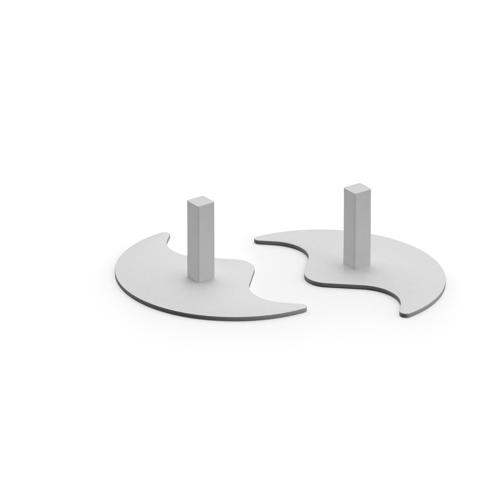 Free-standing screen feet with a curved metal base and vertical support post, designed to stabilise office divider or privacy screens.