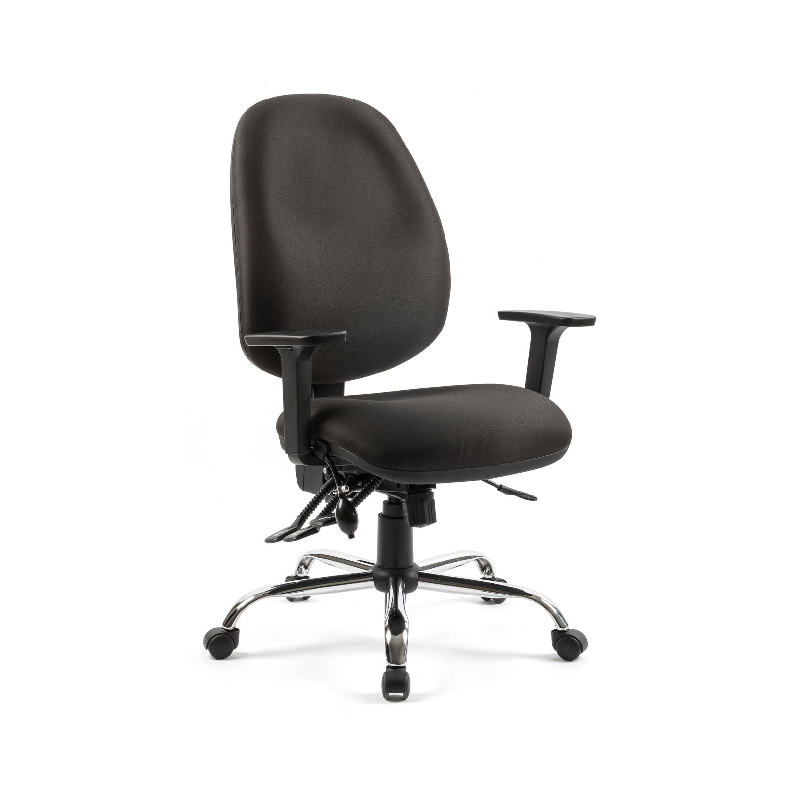 Black office chair with adjustable arms on a white background