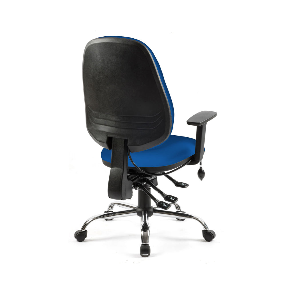 Blue office chair with black frame on a white background
