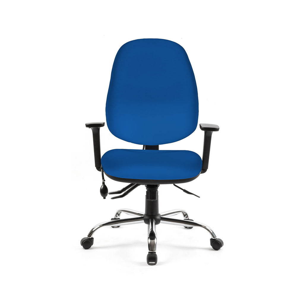 Blue office chair with black frame on a white background