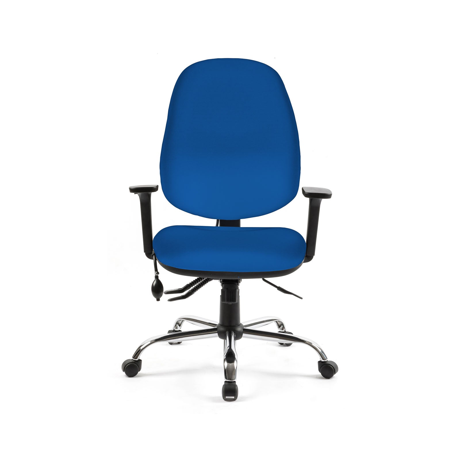 Blue office chair with black frame on a white background