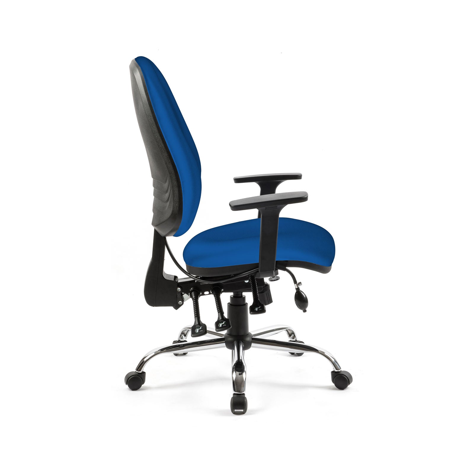 Blue office chair with black frame on a white background