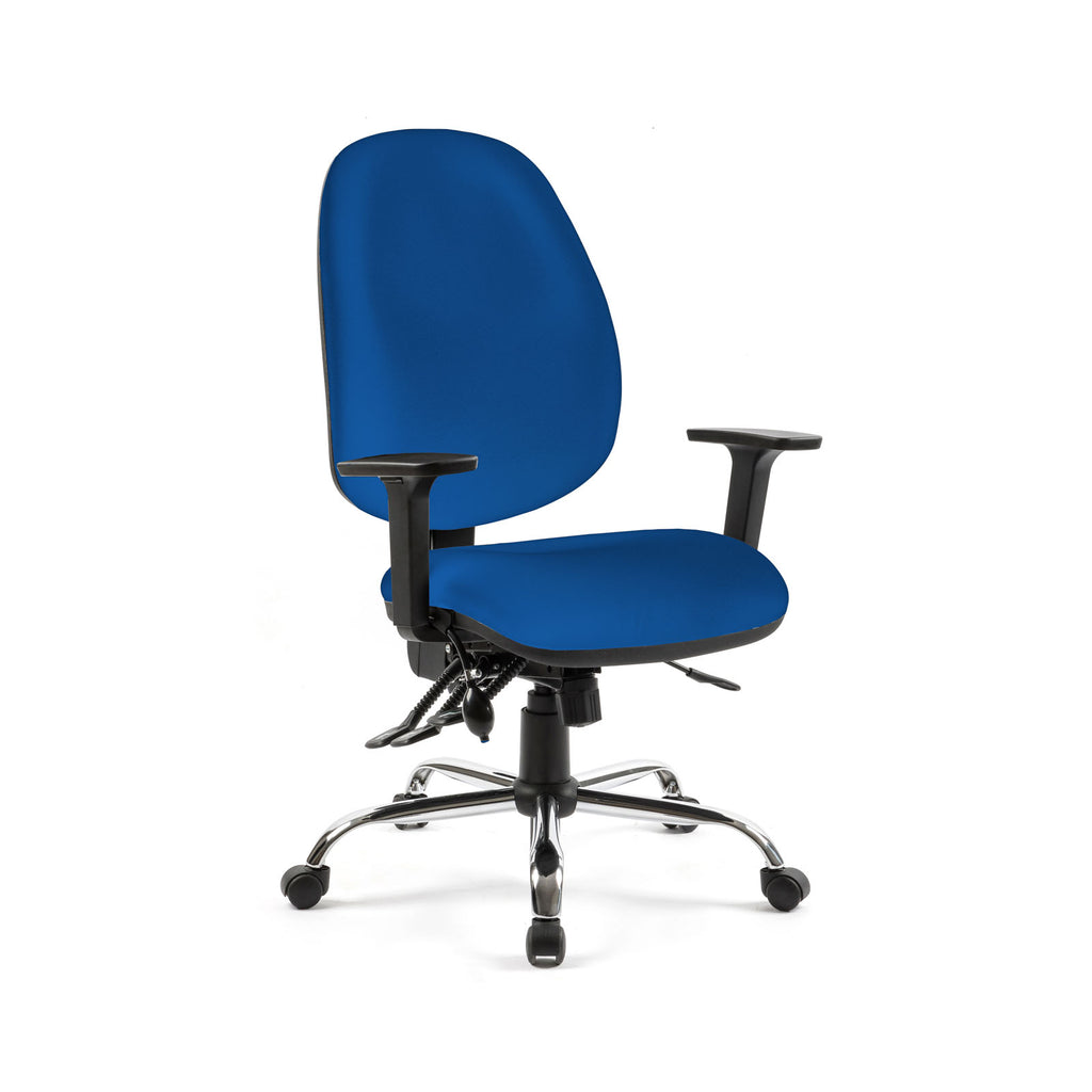 Blue office chair with black frame on a white background