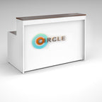 White reception desk with logo on a grey background