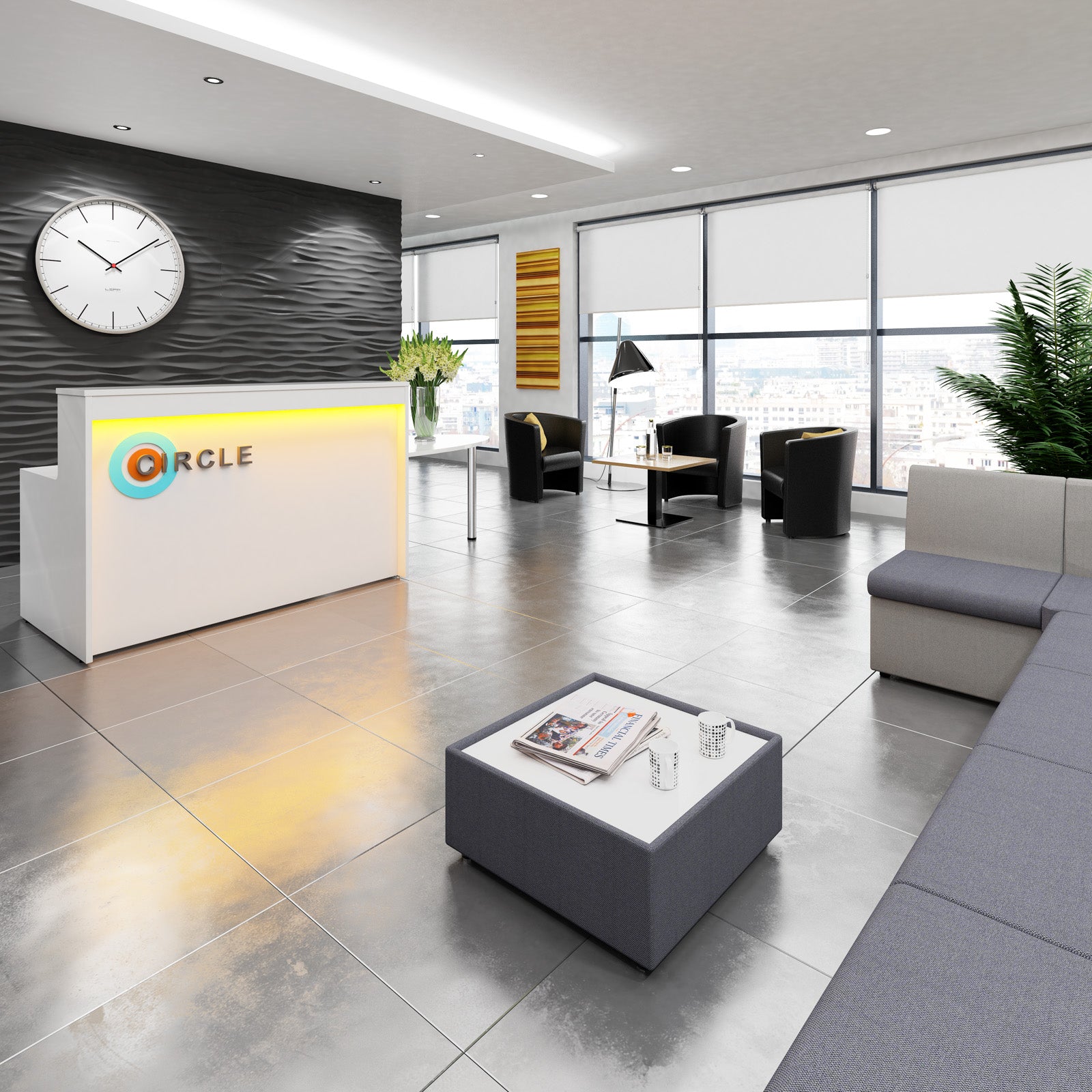 Modern office lobby with reception desk, seating area, and large windows.