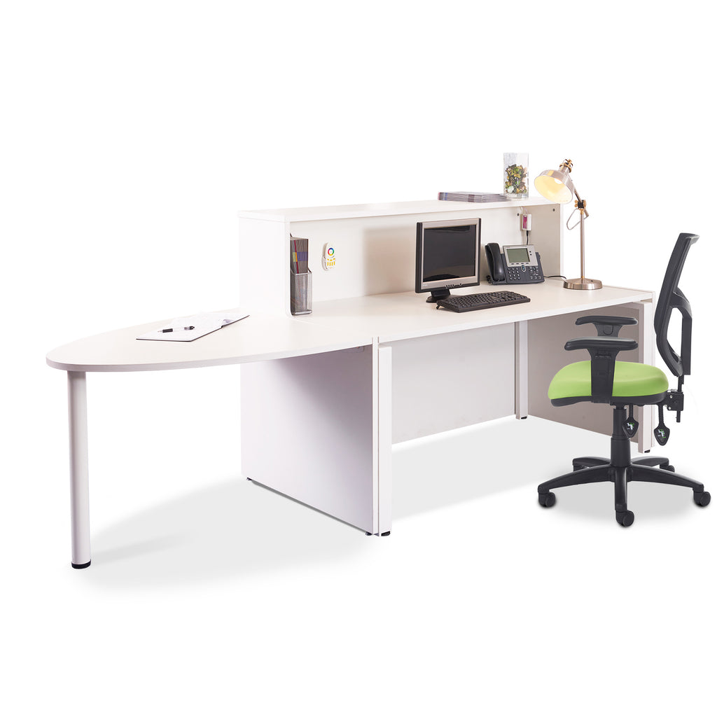 White reception desk with curved return, integrated counter shelf, and office equipment, paired with a black and green office chair on a white background.