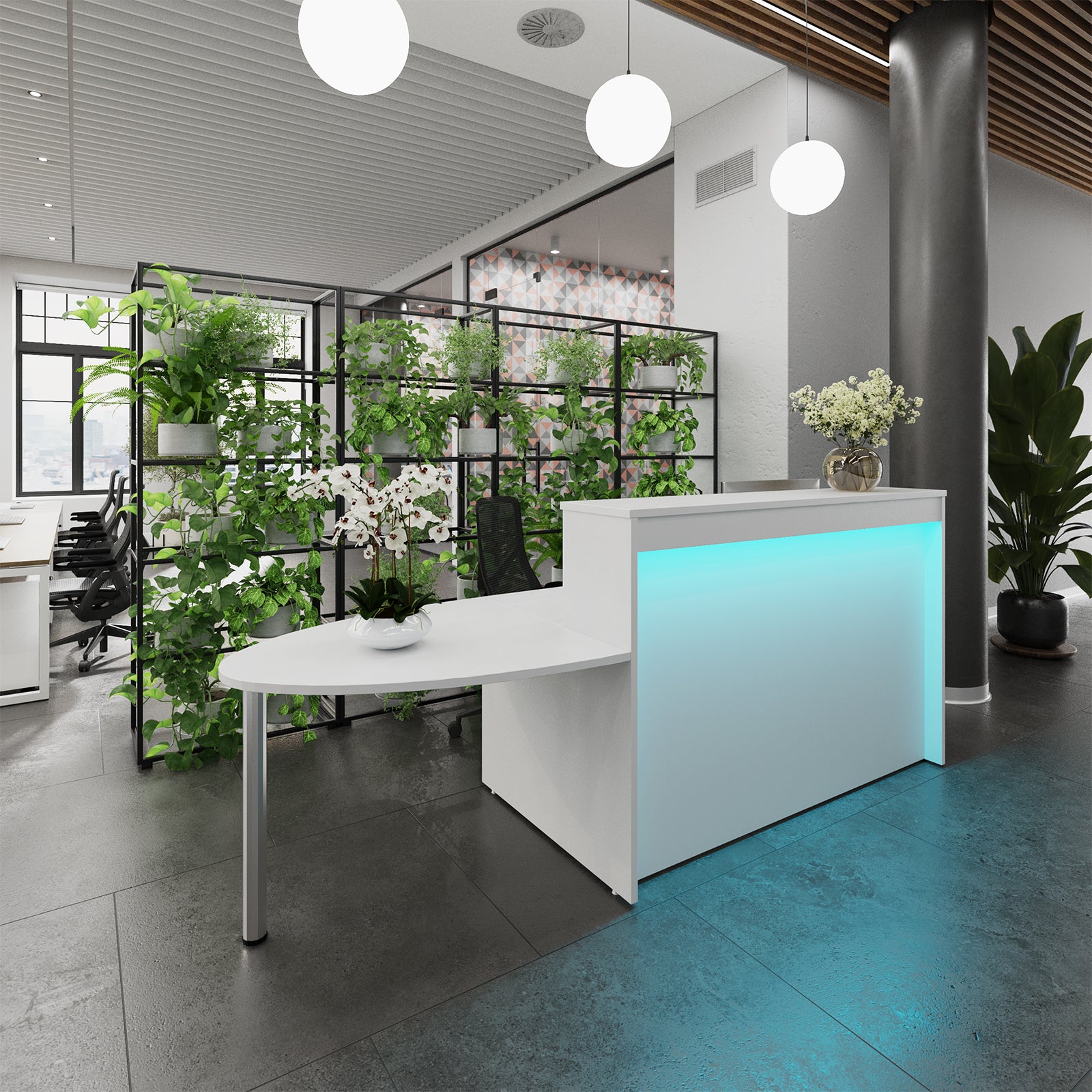 Modern office reception area with a white desk, plants, and a glass partition.