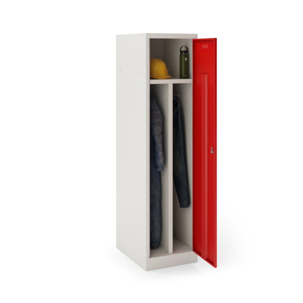 White locker with a red door containing items like a jacket and helmet on a white background
