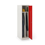 White locker with a red door containing items like a jacket and helmet on a white background
