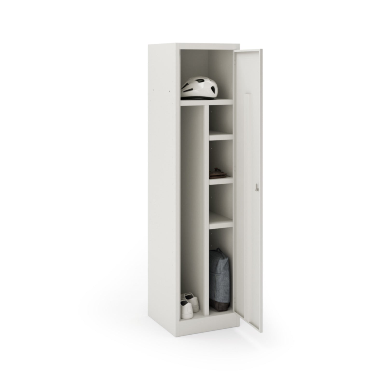 Tall white office locker with a single door and internal shelving, shown open with compartments for personal items such as a helmet, shoes, and bag.