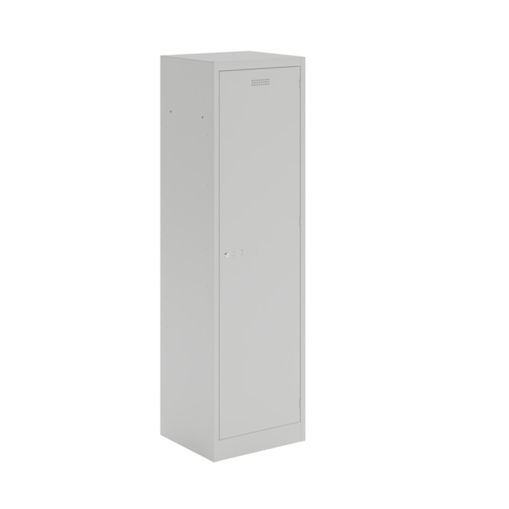 Tall white metal office locker with a single lockable door and ventilation slots, shown closed on a white background.
