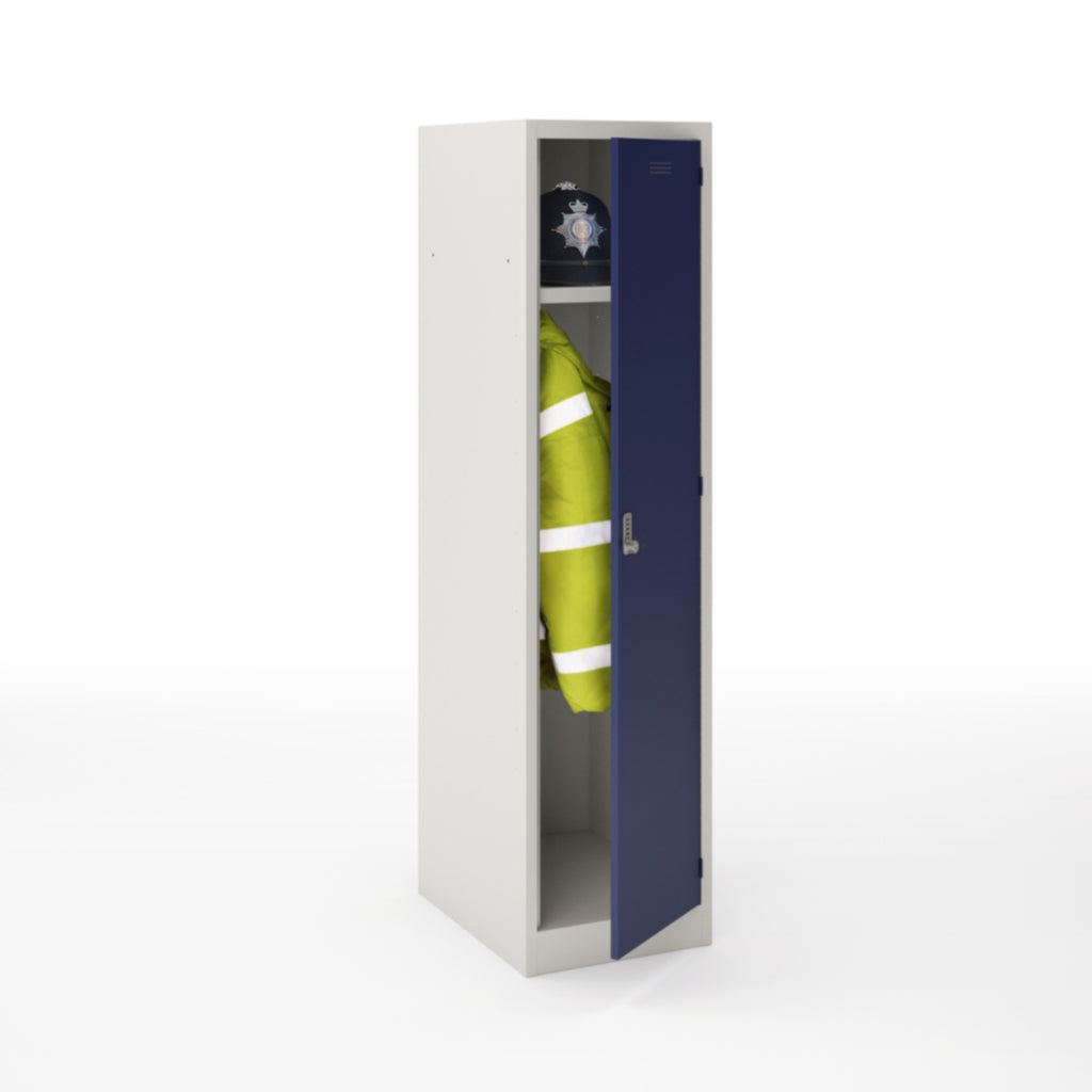 White locker with a blue door containing a high-visibility jacket on a white background