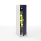 White locker with a blue door containing a high-visibility jacket on a white background