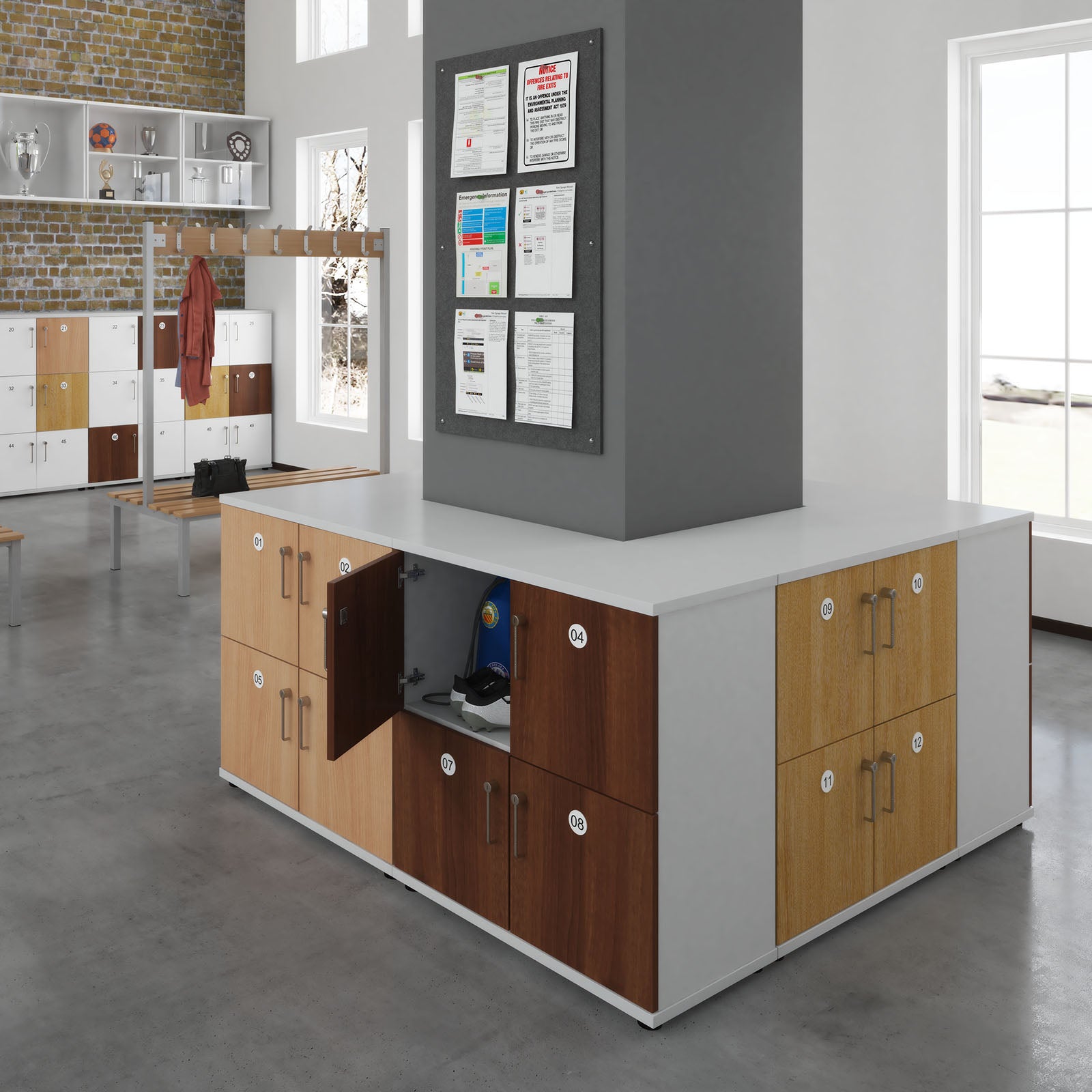 Changing room with lockers and benches with big windows in the background