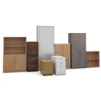 Collection of office furniture including cabinets, bookshelves, and filing cabinets on a white background