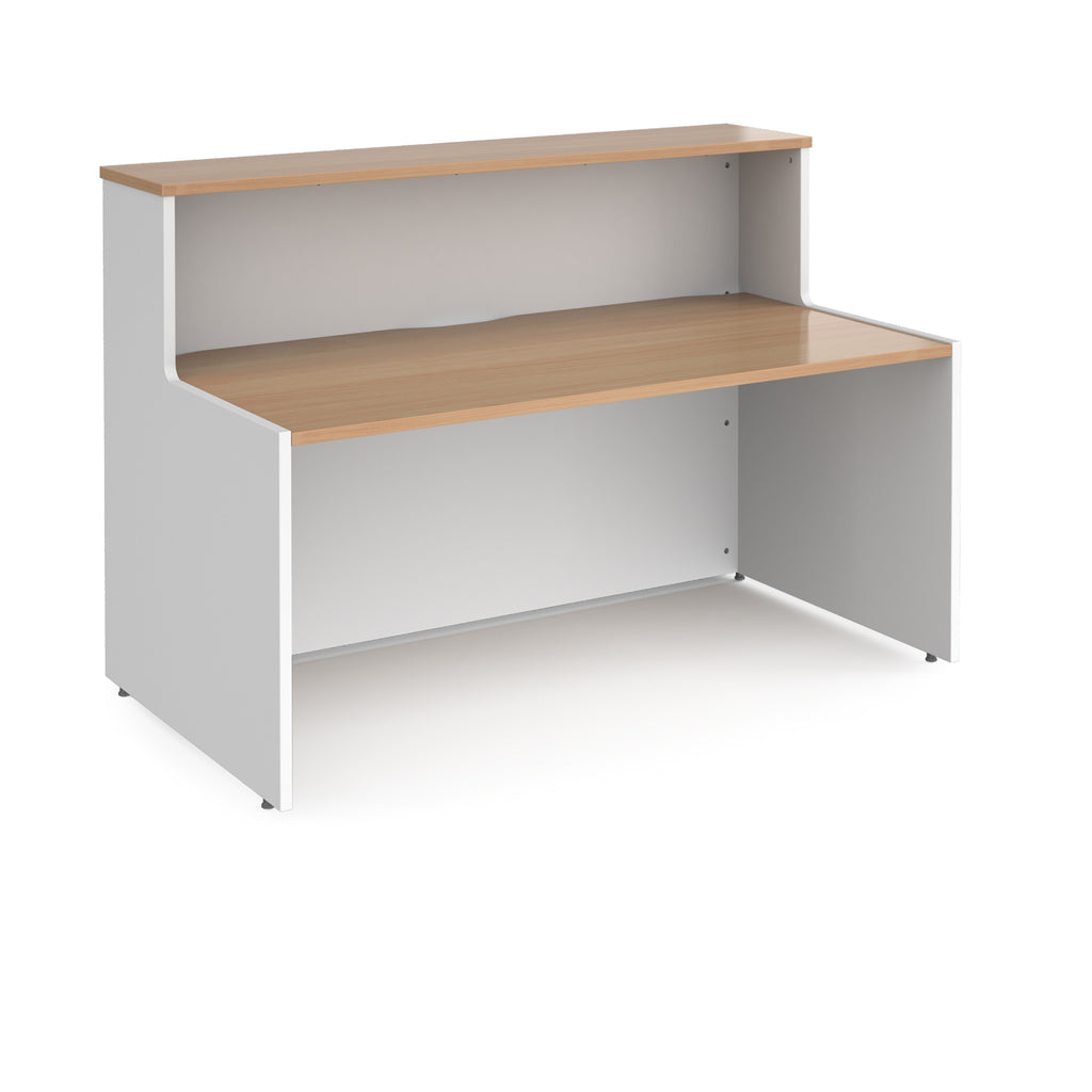 Reception desk with wooden top and white sides on a white background