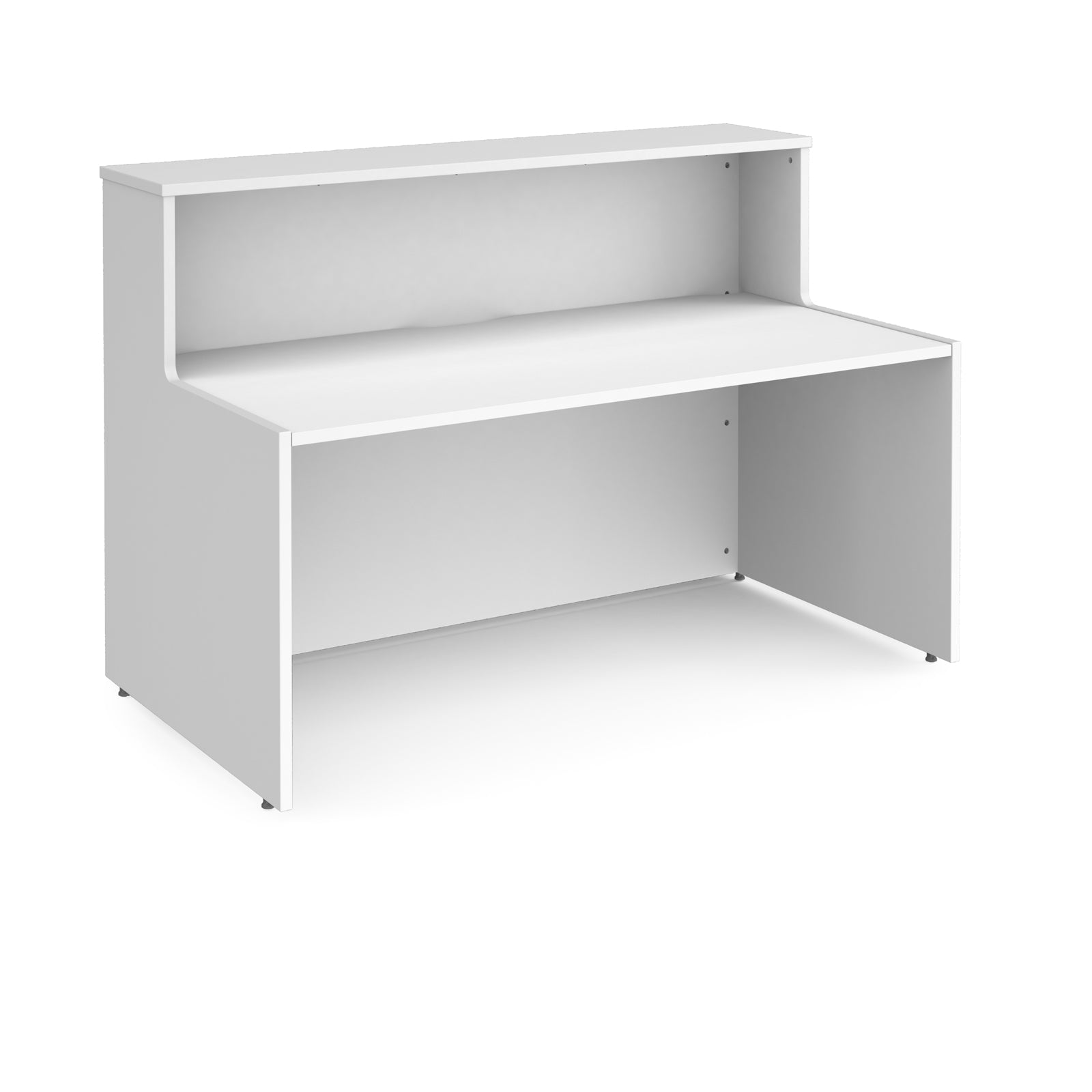 White reception desk with a shelf on a white background