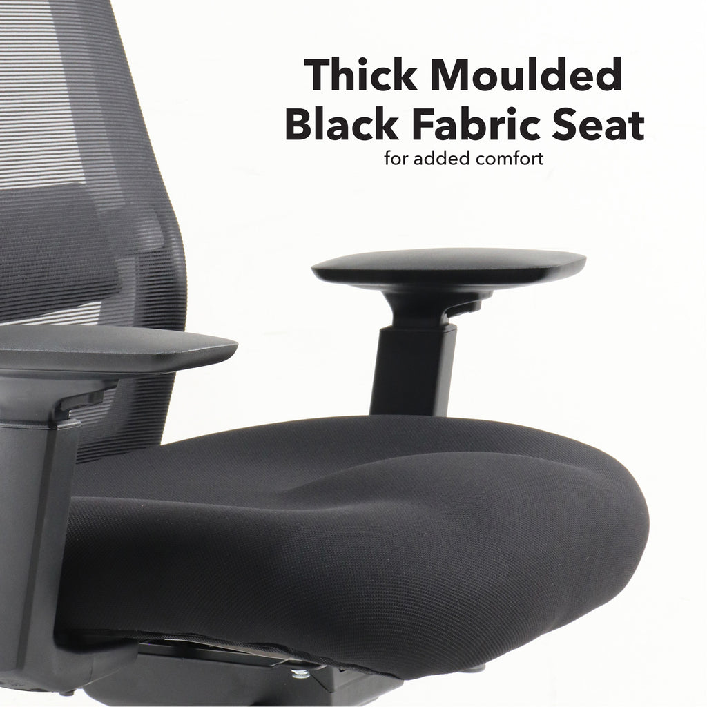 Close-up of an office chair showing a thick moulded black fabric seat designed for added comfort, with armrest and mesh back visible.