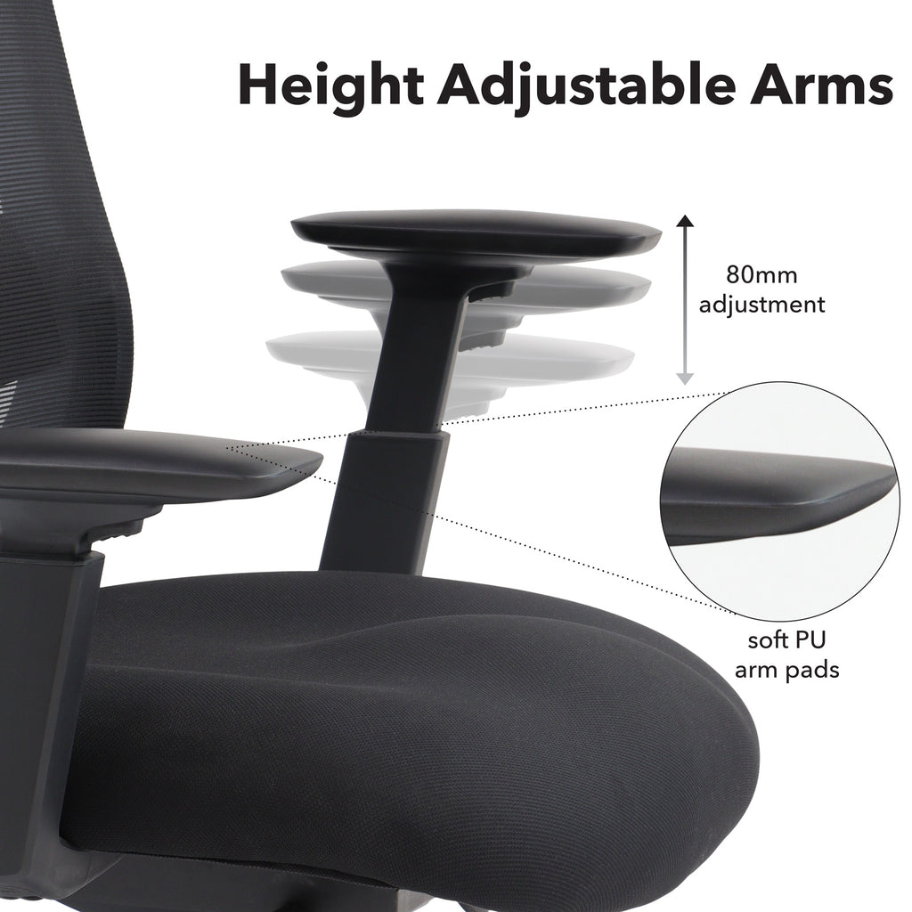 Office chair detail showing height-adjustable armrests with up to 80 mm adjustment and soft PU arm pads for added comfort.
