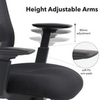 Office chair detail showing height-adjustable armrests with up to 80 mm adjustment and soft PU arm pads for added comfort.