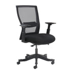 Black office chair with mesh back on a white background