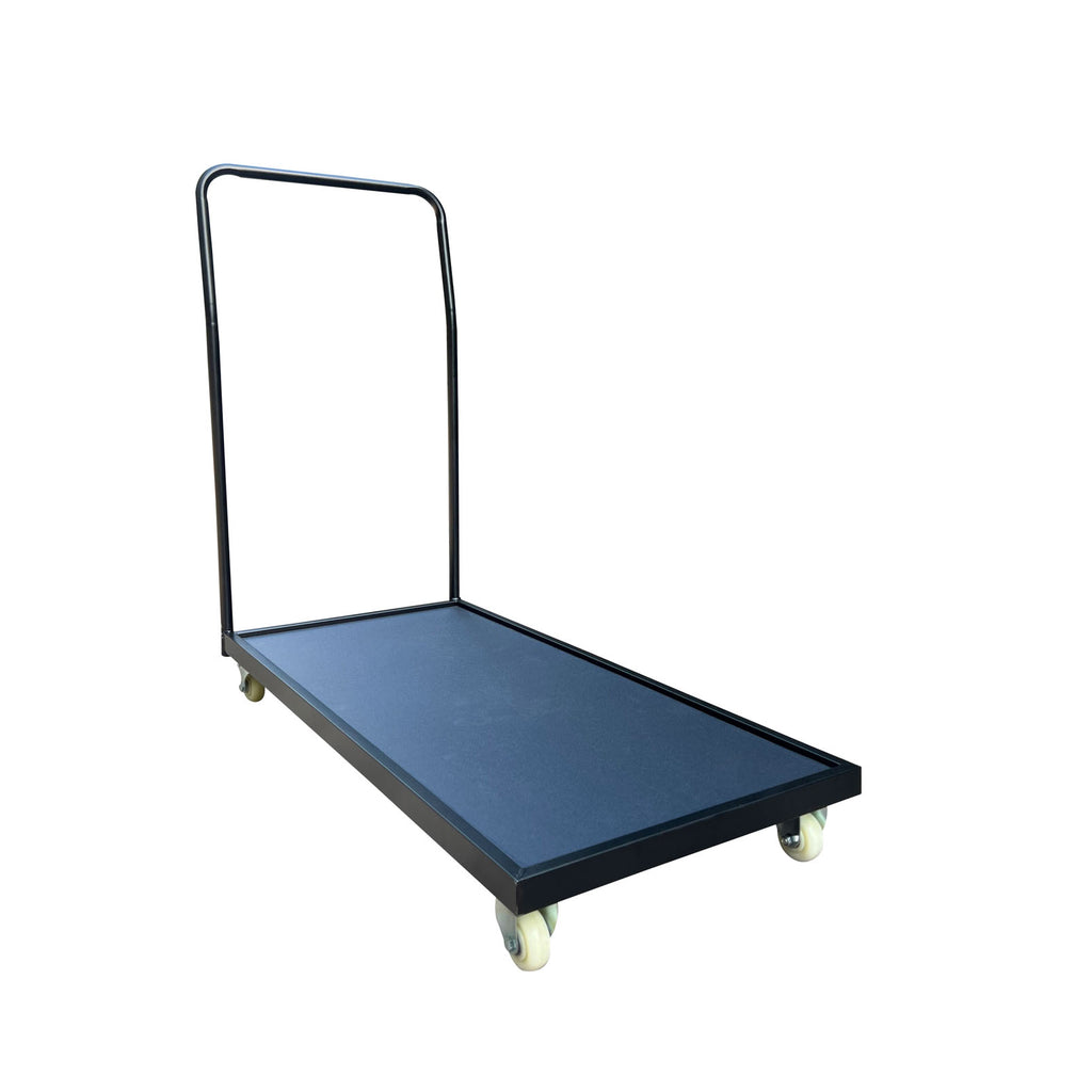 A black and blue metal flatbed dolly cart with a tall handle and four caster wheels, shown on a plain white background.
